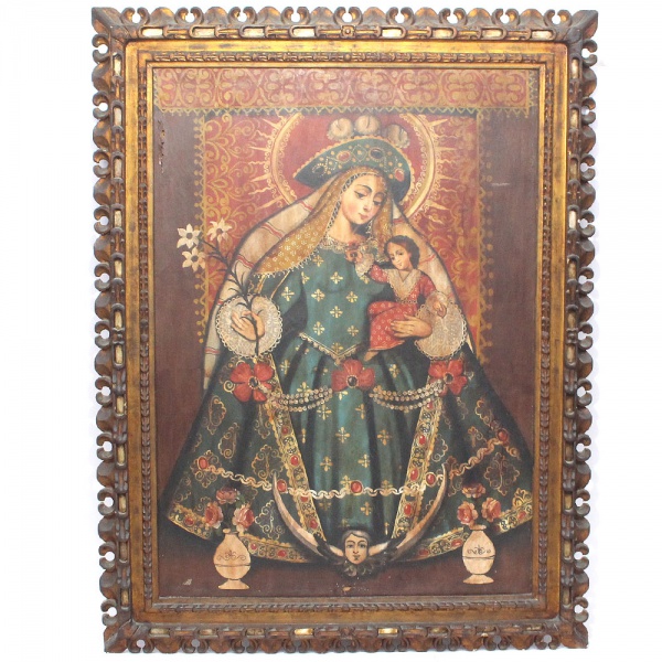 Lote 89 ESCOLA CUSQUENHA - "Virgem Maria de Pomata" - OST, emoldurada e ... Valor atual: R$ 650,00