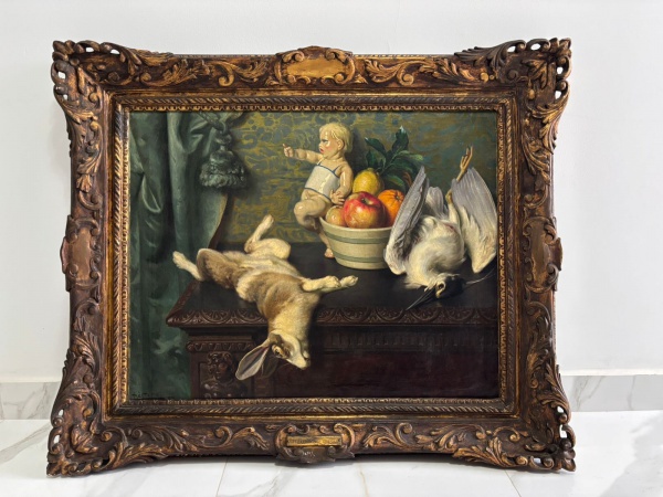 Arte . LUIGI DE SERVI - Quadro emoldurado com moldura de madeira entalhada patinada a ...