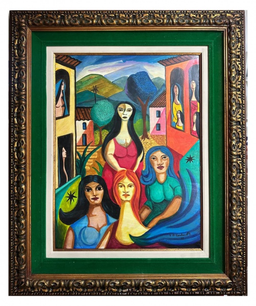 Arte . E. DI CAVALCANTI, Óleo sobre Tela, Representando " Figuras e Casarios ...
