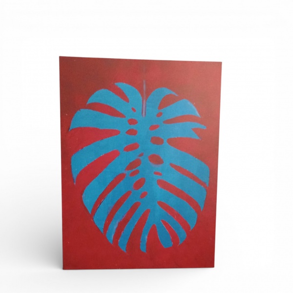 Obra de composição gráfica representando folha estilizada, executada em cores contrastantes de azul e vermelho. mEDIDAS: 80CM X 60CM TEM DÚVIDAS? PERGUNTE ANTES DE LANÇAR!!!
