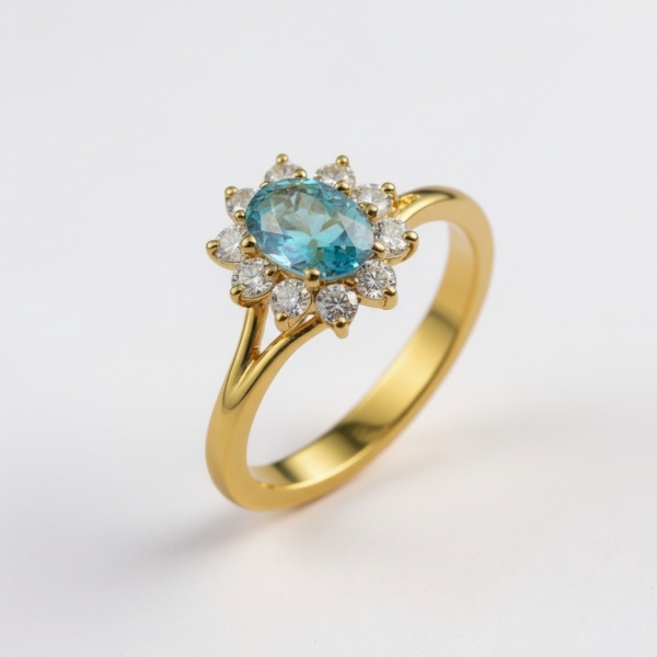 Anel maracanã com água-marinha e brilhantes, pesando aproximadamente 3,14 g, em ouro amarelo 18k.Apresenta água-marinha em lapidação oval pesando cerca de 0,52 ct e brilhantes totalizando aproximadame