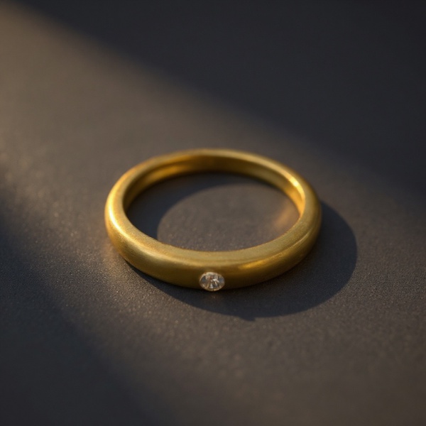Anel solitário em ouro amarelo 18k, com aproximadamente 10 pontos de diamante brilhante engastado em estilo flush (raso), acabamento fosco. Aro 16. Peso total: aproximadamente 2,9g.
