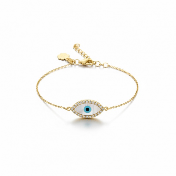 Pulseira em ouro amarelo 18k com elemento central olho grego em madre pérola com e brilhantes aproximadamente 0,24 ct. Peso 3,6g, comprimento 17,6 cm, fecho mosquetão com extensor.