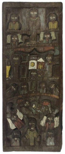Nascimento 99 - Talha em madeira esculpida artesanalmente representando pessoas. Medidas: 22 x 58 cm.