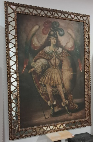 Arte . ESCOLA CUSQUENHO - ARCANJO, sem título, Pintura óleo sobre tela ricamente ...