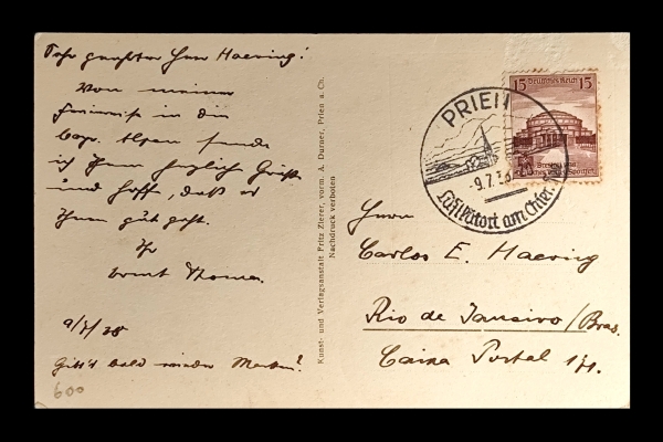 Joias . Cartão postal alemão com carimbo de Prien am Chiemsee (1938) enviado ao Rio de ...