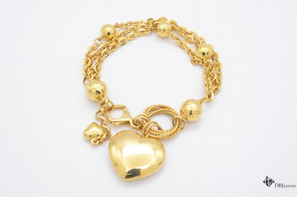 Arte . Pulseira + Pingentes Corações Lisos e Esferas Marteladas em Ouro Amarelo 18K, ...