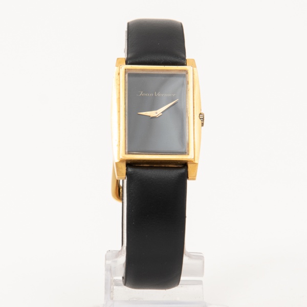 Relógio de pulso antigo JEAN VERNIER caixa com acabamento dourado, mostrador sem marcadores de hora com pulseira de couro - Funcionando, sem garantias futuras