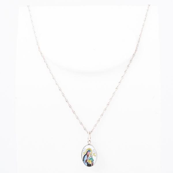 Colar em prata 925 com pingente porcelana portuguesa / Nossa Senhora do Perpétuo Socorro / Tam: 40cm