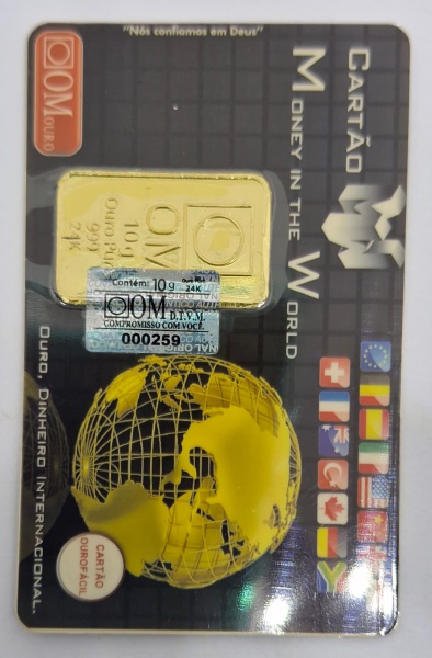 Cartão Money in th World com barra em ouro 999 / 10 gr