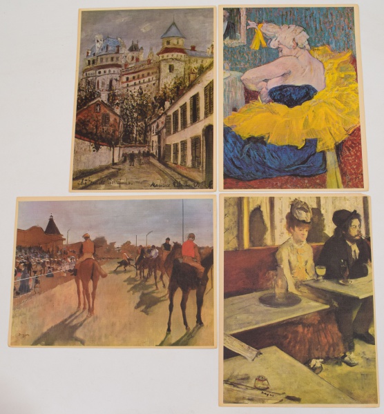 Lote com 4 fotos reprodução: Utrillo- Castelo de Pierrefonds; Degas- Nas Corridas; Toulouse- Lautrec- A Clownesse Cha- U- Kao; Degas- O absinto /Tam: 26x35cm