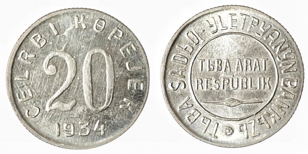 Joias . TANNU - TUVA 20 KOPEJEK 1934. CUPRO NÍQUEL 3.4 GRAMAS, 22 MM. NÃO ATESTO A SUA ...