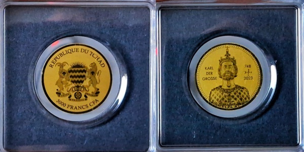 Joias . CHAD 3 MIL FRANCOS 2023. OURO 999% 1/500 OZ. 16 MM. FLOR DE CUNHO. Edição ...