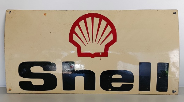 Placa de Posto de Combustível Esmaltada em Aço - Shell - 34cm x 69cm Atendimento de  2ª a 6ª feira das 9h às 17h (51) 99