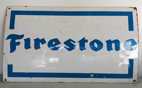 Placa de Borracharia Esmaltada em Aço - Firestone - 46cm x 80cm Atendimento de  2ª a 6ª feira das 9h às 17h (51) 99737-8