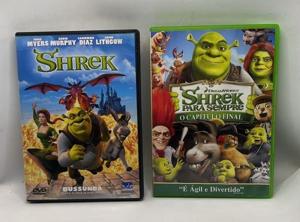 Combo com 2 DVDs do filme Shrek, incluindo o longa metragem original e o filme Shrek para Sempre O Capítulo Final.