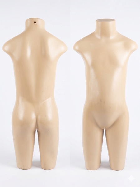 Busto de Manequim Infantil em Plástico Resistente na cor Bege, projetado para exposição de vestuário e acessórios. A peça apresenta acabamento liso e formato anatômico, sendo ideal para uso em vitrine