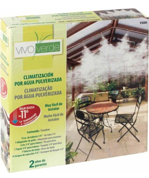 Sistema de Climatização por Nebulização Vivo Verde.Este conjunto de climatização por água pulverizada permite reduzir a temperatura ambiente em até 11°C de forma eficiente. O kit inclui 15 metros de t