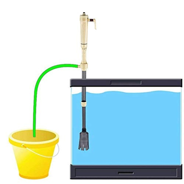 Sifão Limpador de Aquário Elétrico em Plástico Bege e Cinza com Botão de Acionamento Integrado, Sistema Desmontável com Mangueira Flexível e Tubos Extensores para Troca de Água e Limpeza de Cascalho.