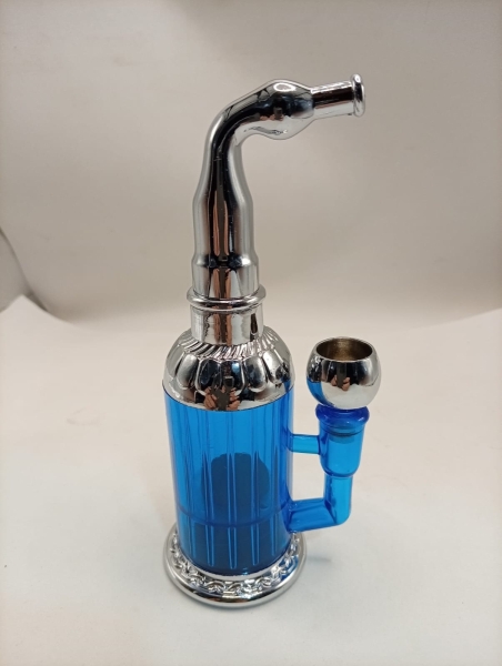 Mini Cachimbo de Água Estilo Bong com Corpo de Acrílico Azul Canelado e Acabamento Cromado Prateado.