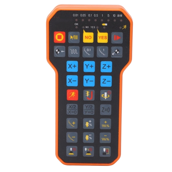 Controle Remoto para Máquina CNC com Interface de Três Eixos X Y Z e Teclado de Membrana Colorido, Dispositivo Manual com Case Protetor Emborrachado Laranja.