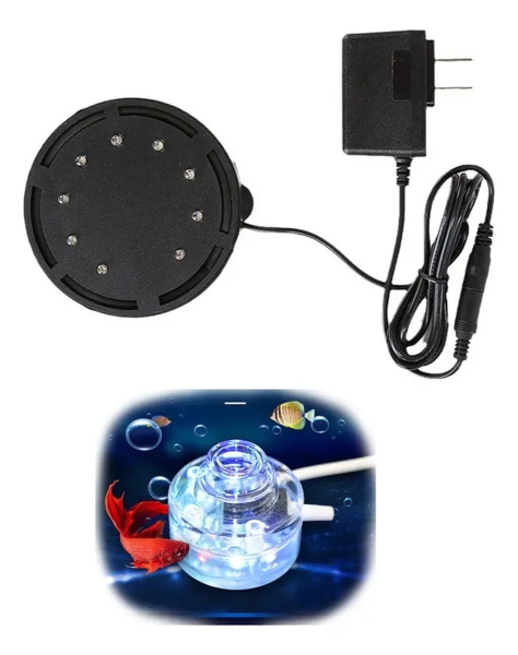 Luminária LED Submersível e Cortina de Bolhas para Aquário com Formato de Disco de Plástico Preto, Compressor de Iluminação Colorida RGB e Fonte de Alimentação com Conector de Tomada Bivolt.