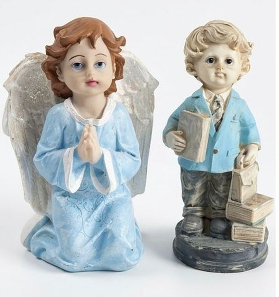 Par de Estatuetas Colecionáveis: Anjo Orando e Menino Estudante 13CM