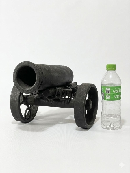Réplica decorativa de canhão antigo, com estilo rústico e artesanal, medindo 25 cm de altura, 50 cm de comprimento e 26 cm de largura. A peça é robusta e `bem pesada`, indicando fabricação em metal (f