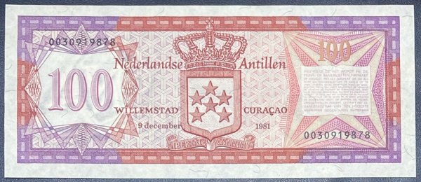 Joias . RARA - CEDULA DE CURACAO (ANTILHAS HOLANDESAS) - 100 GULDEN 1981 - FLOR DE ...