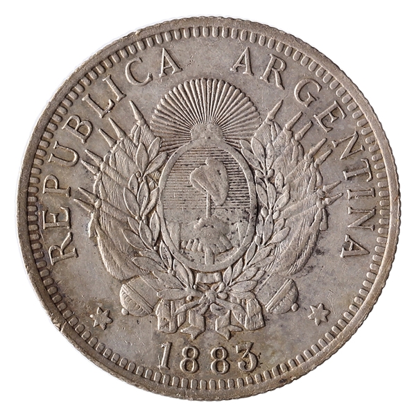 Lote 1 Argentina, 50 Centavos, 1883. Prata. 12.5g Valor atual: R$ 122,00