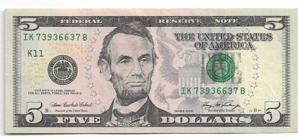 Lote 207 Cédula $ 5,00 Dólar Série 2006 IK73936637B F.E. (Lt 207) Valor inicial: R$ 49,00