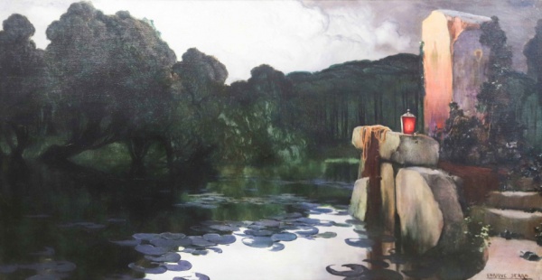 Arte . Enrique Serra (1859 - 1918) Paisagem com lago ao entardecer. Óleo sobre tela, ...