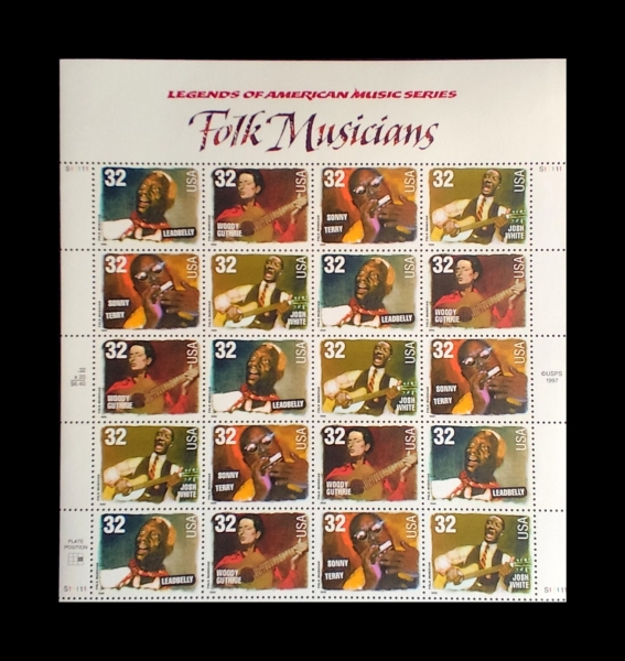 Joias . Bloco de selos, EUA, tema músicos de folk, Legends of American Music Series, 20 ...