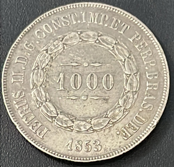 MOEDA DO BRASIL - 1 000 REIS 1853 - PRATA .917% - DIAMETRO (+/-): 30mm.