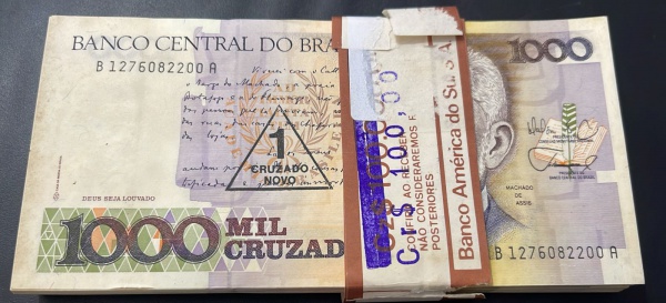 `CENTENA` DE CEDULAS DO BRASIL - 1 000 CRUZADOS - CINTA ORIGINAL (RASGADA) - C198 (REF. CATALOGO CLAUDIO AMATO) - CONFORME FOTOS.
