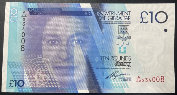 CEDULA DE GIBRALTAR - 10 POUNDS (STERLING) - SOBERBA / FLOR DE ESTAMPA.