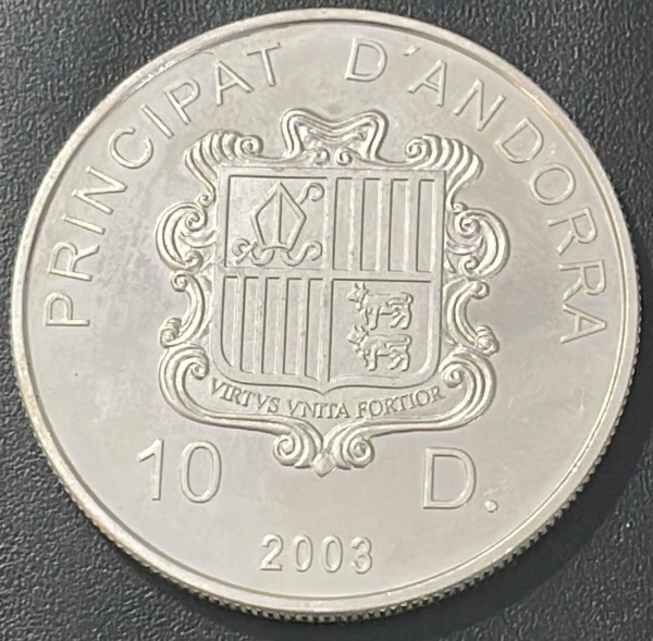 RARO - EMISSOR - MOEDA DO `PRINCIPAT D`ANDORRA` - 10 D. 2000 (COMEMORATIVA DA COPA DO MUNDO DE FUTEBOL DA ALEMANHA EM 2006) - PRATA .925% - DIAMETRO (+/-): 37mm.