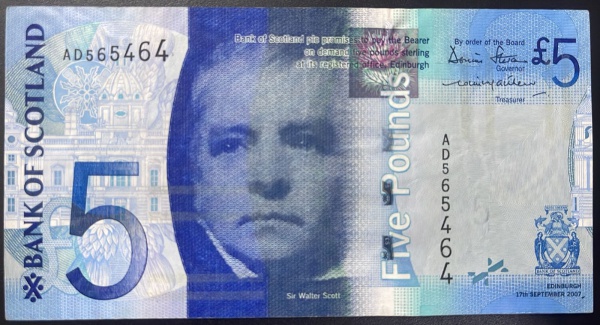 RARO - EMISSOR - CEDULA DA ESCOCIA - 5 POUNDS `STERLING` 2007 - MBC.