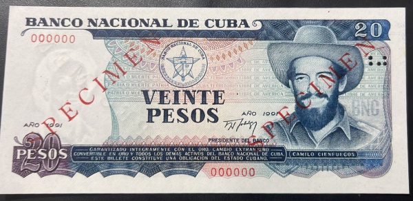 EMISSOR - DIFICIL - SPECIMEN - CEDULA DE CUBA - 20 PESOS 1991 - FLOR DE ESTAMPA.