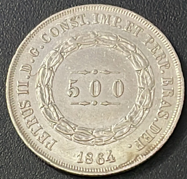 MOEDA DO BRASIL - 500 REIS 1864 - PRATA .917% - DIAMETRO (+/-): 26mm.