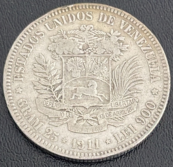 MOEDA DA VENZUELA - 5 BOLIVARES 1911 - PRATA .900% - DIAMETRO (+/-): 37mm.