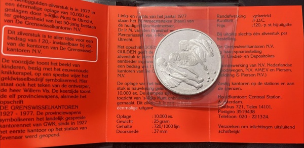 MOEDA DA HOLANDA - 20 GULDEN 1977 (BLISTER + CERTIFICADO) - PRATA .720% - DIAMETRO (+/-): 37mm.