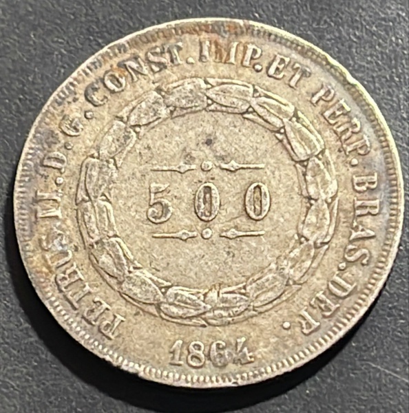 MOEDA DO BRASIL - 500 REIS 1864 - PRATA .900% - DIAMETRO (+/-): 25mm.