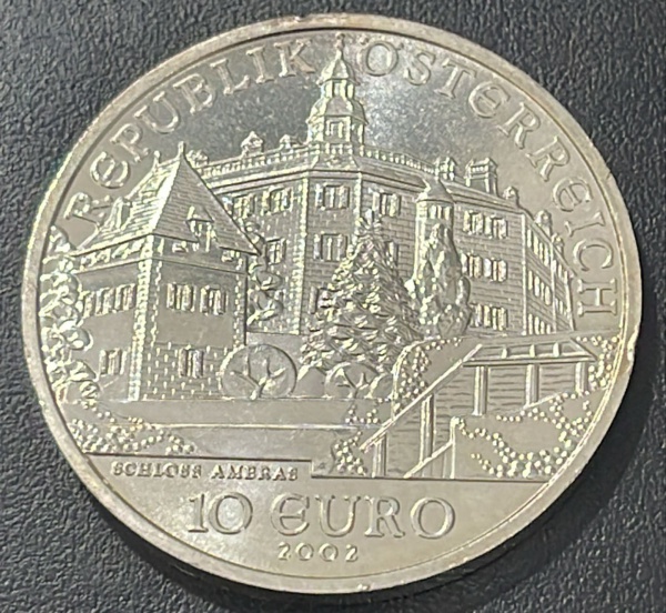 MOEDA DA AUSTRIA (CASTELO DA AMBRAS) - 10 EUROS 2002 - PRATA .925% - DIAMETRO (+/-): 32mm.