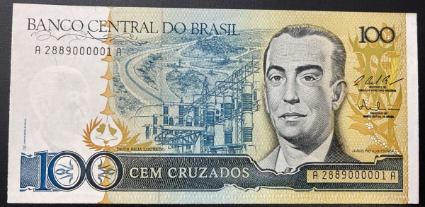CEDULA DO BRASIL - 100 CRUZADOS (NUMERO: 00001) - SOBERBA / FLOR DE ESTAMPA - C187 (REF. CATALOGO CLAUDIO AMATO).