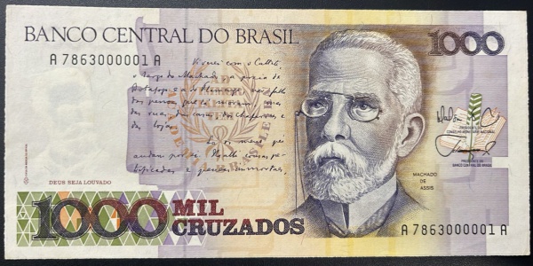 CEDULA DO BRASIL - 1 000 CRUZADOS (NUMERO: 00001) - SOBERBA / FLOR DE ESTAMPA - C194 (REF. CATALOGO CLAUDIO AMATO).