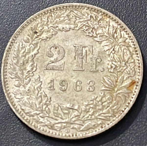 MOEDA DA SUICA (PERIODO HELVETICO) - 2 FR. 1963 - PRATA .835% - DIAMETRO (+/-): 27,4mm.