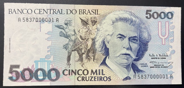 CEDULA DO BRASIL - 5 000 CRUZEIROS (NUMERO: 00001) - SOBERBA / FLOR DE ESTAMPA - C221 (REF. CATALOGO CLAUDIO AMATO).
