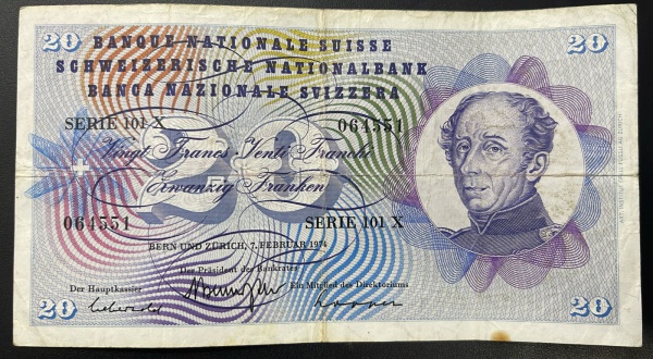 CEDULA DA SUICA - 20 FRANCS 1974 - MBC.