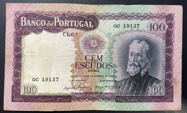 CEDULA DE PORTUGAL - 100 ESCUDOS OURO 1961 - BC / MBC.